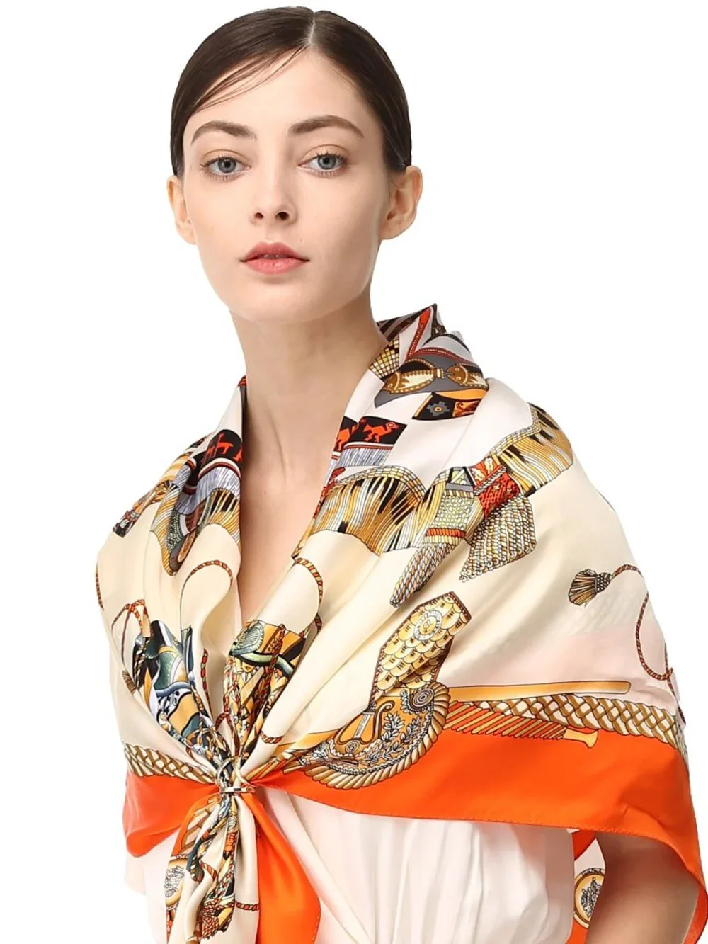 100% Silk Scarves, Extra-Large and XX-Large，Royal Drums, Orange